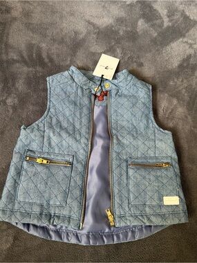 7 For All Mankind Light Blue Quilted Denim Vest with Gold-Tone Hardware